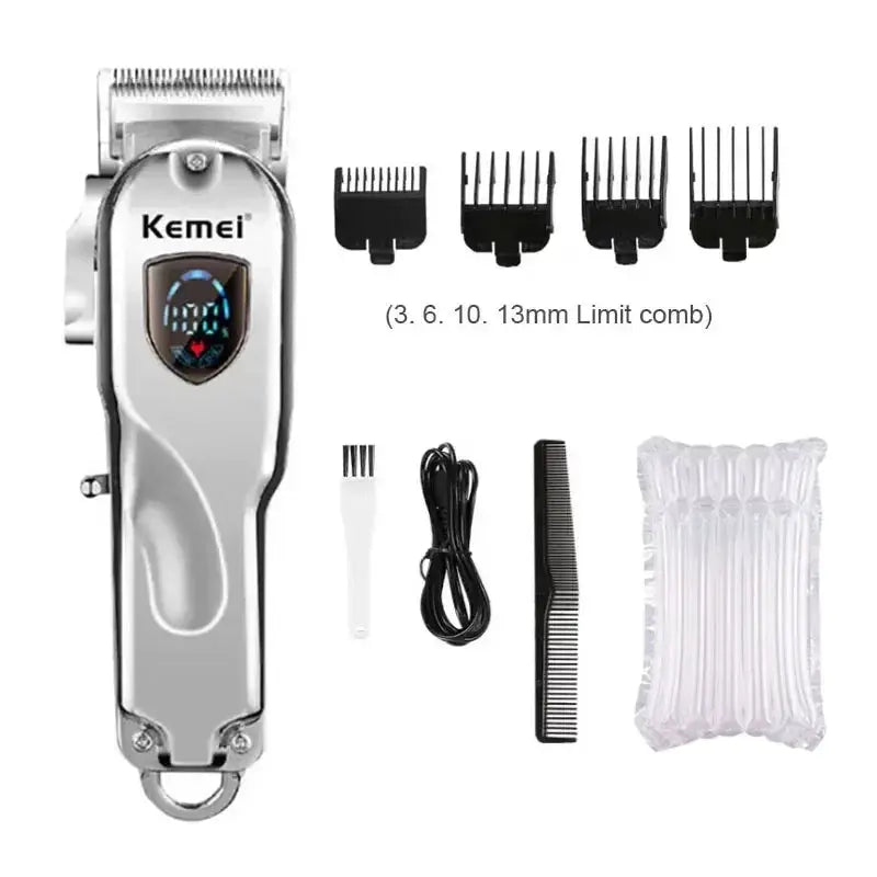 Kemei KM-TX1 hair clipper with metal body; includes 4 limit combs (3/6/10/13 mm), USB cable, brush, and guard set
