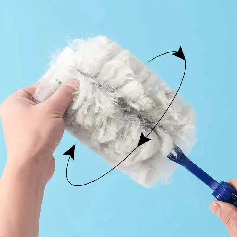 Extended pole dust collector with fluffy microfiber duster head on blue handle by Simples Market