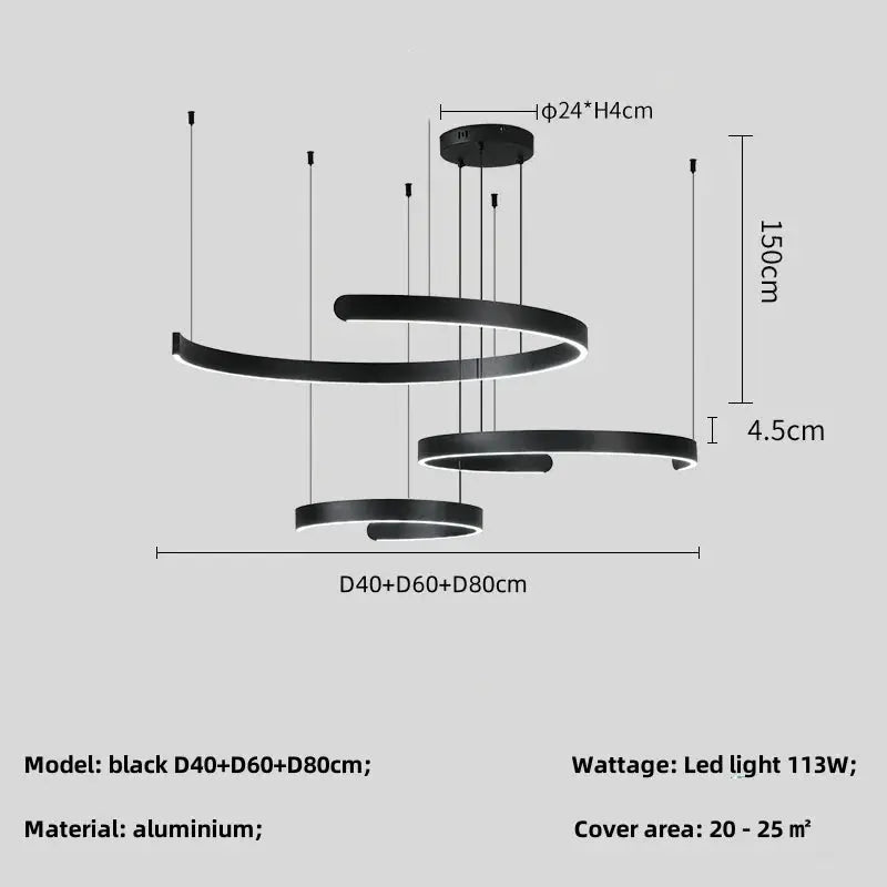 Modern three-ring ceiling chandelier in black aluminum with LED lighting