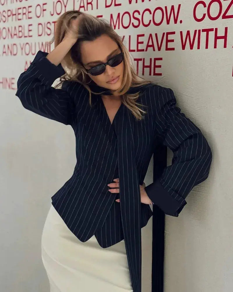 Trendix Elegant Blazer 2-Piece Set: navy pinstripe blazer with scarf and cream pencil skirt