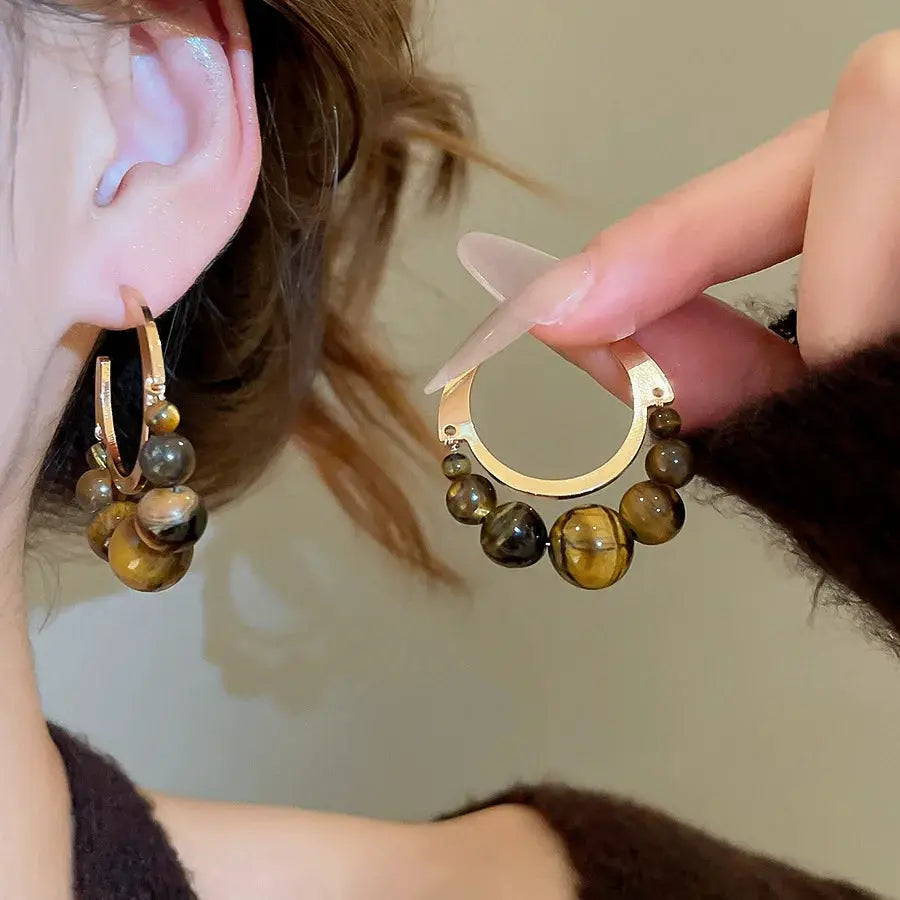 Flower Resin Stud Earrings Brown Vintage Tigers Eye Stone C Shaped Design Women Square Rhinestones Jewelry Daily Wear