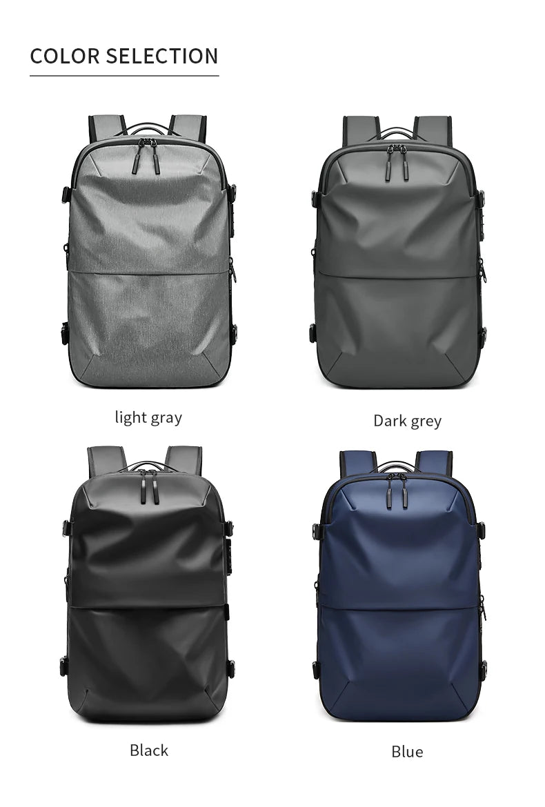 Simples Market Men Travel Backpack with vacuum compression for 17-inch laptop; four color options