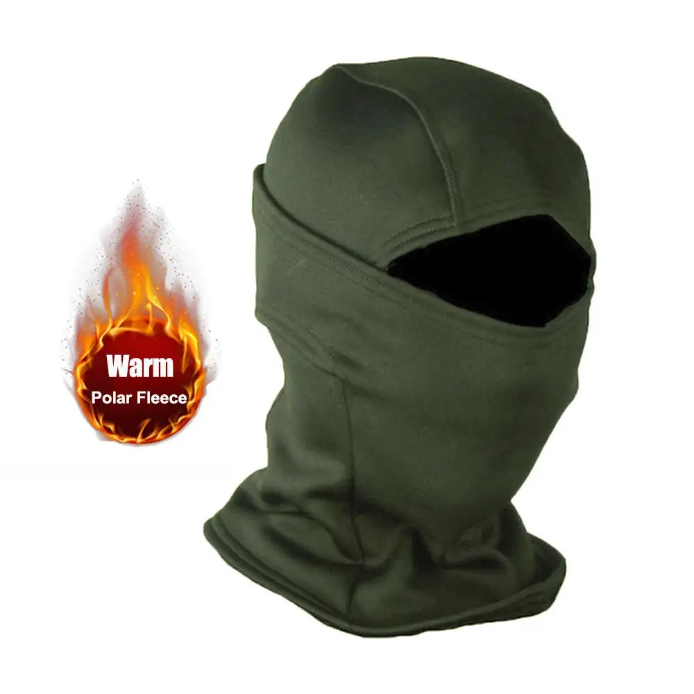 Balaclava full-face mask in green polar fleece for outdoor cold-weather use