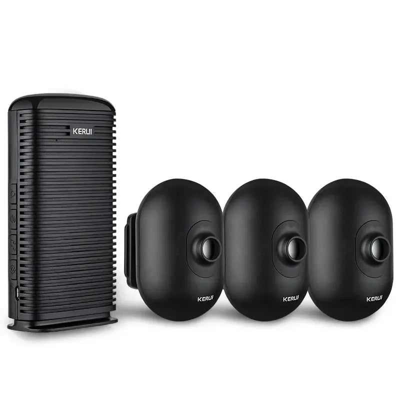 KERUI DW9 wireless driveway alarm kit with base unit and three black PIR motion sensors