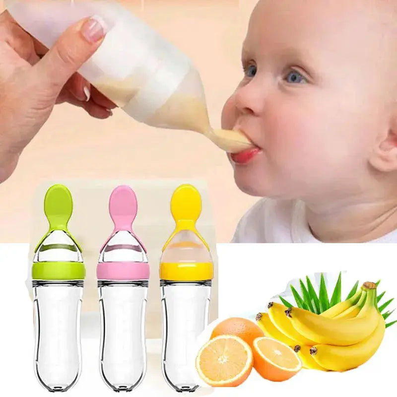 Silicone Baby Bottle With Integrated Squeeze Spoon For Mess Free Feeding Milk Rice Cereal