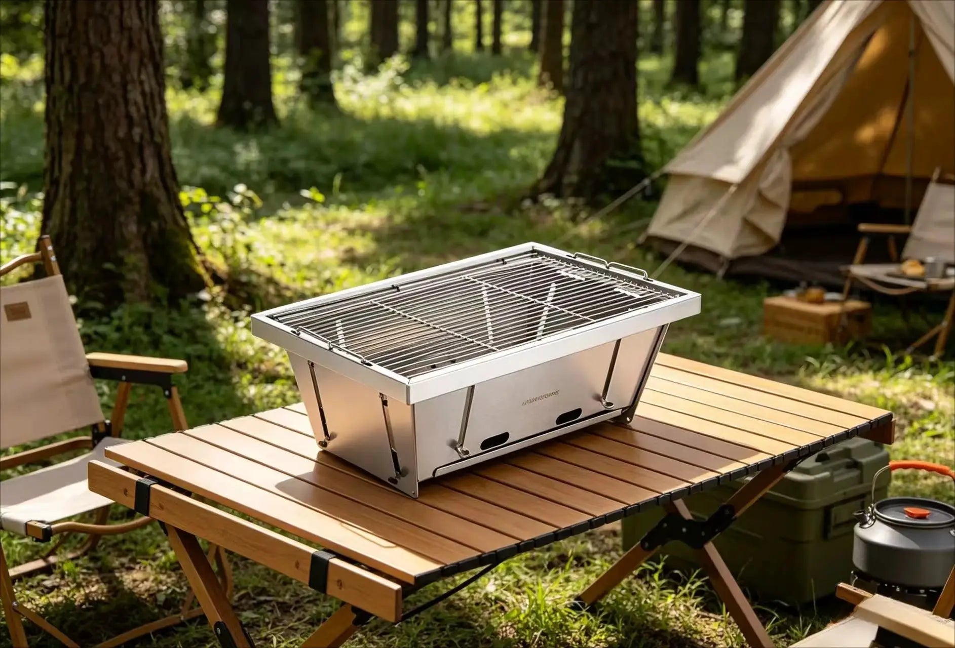 MOUNTAINHIKER 304 stainless steel portable folding barbecue grill on a wooden table at a campsite