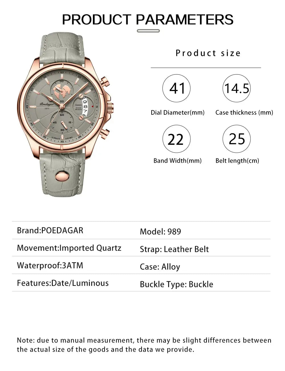 POEDAGAR men's sport watch with rose-gold case, grey dial, and leather strap.