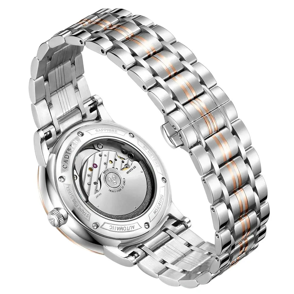 CADISEN stainless steel wristwatch with two-tone bracelet, sapphire crystal case back, Miyota 9015 automatic