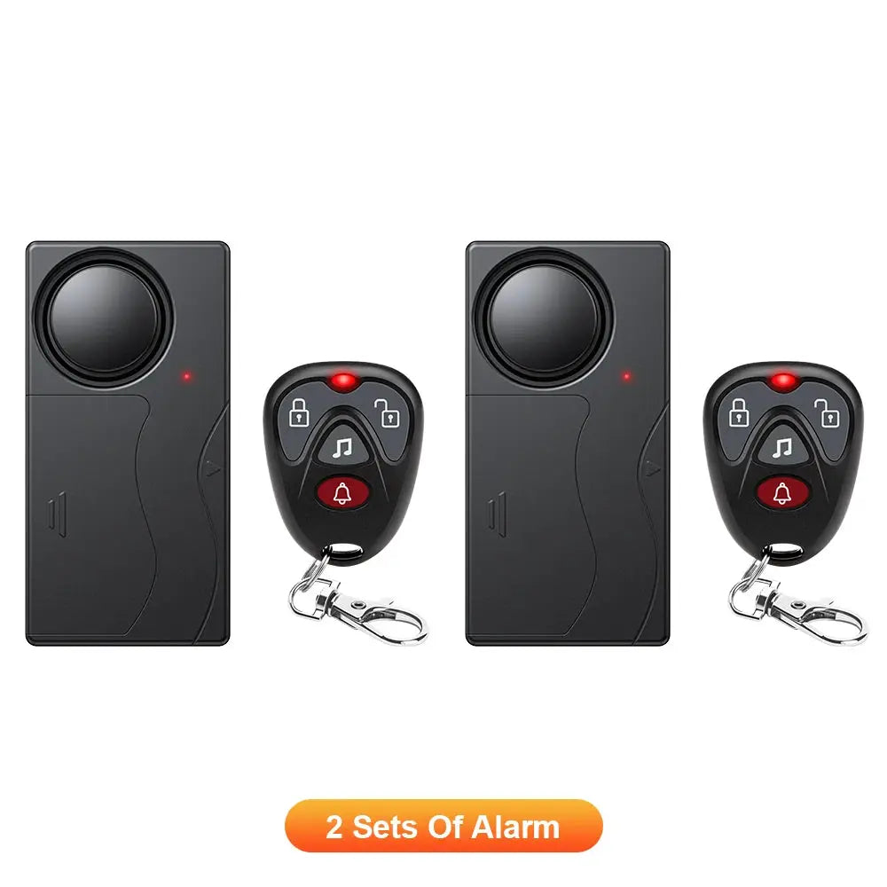 Wireless vibration door/window alarm system with remote controls; 2 sets, black
