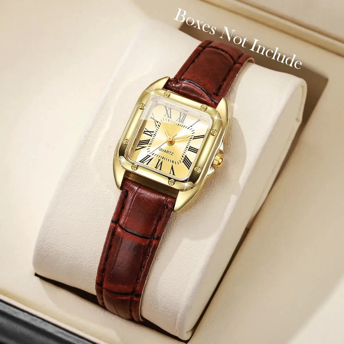 Fashion square women’s leather strap wristwatch by Simples Market with gold-tone case and Roman numeral dial