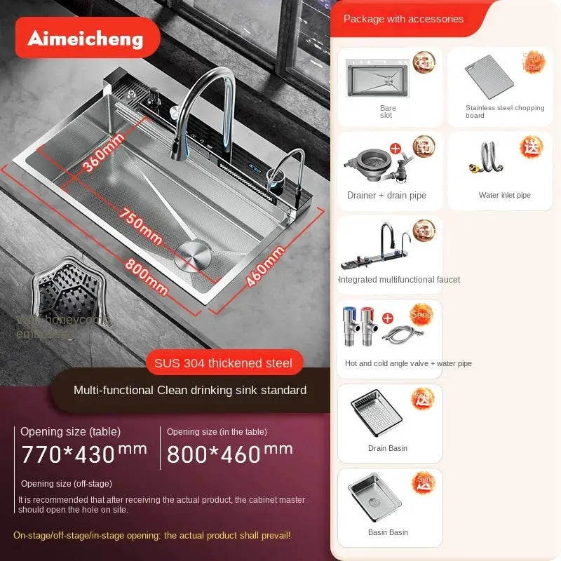 2026 Integrated Waterfall Kitchen Sink by Simples Market; stainless SUS-304 steel with honeycomb tech, soap dispenser