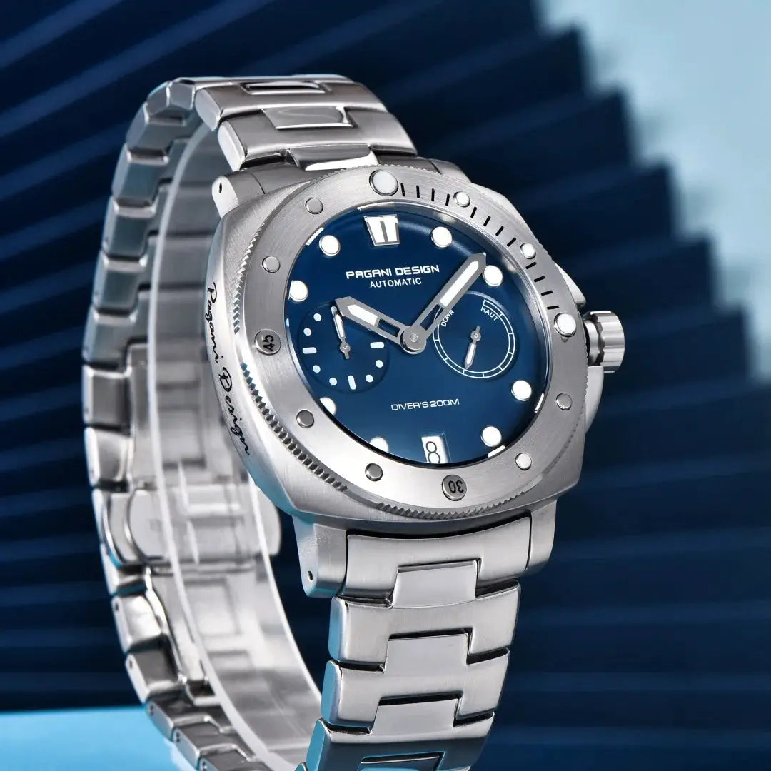 Pagani Design men's automatic dive watch with blue dial and stainless steel bracelet, 200M water resistance.