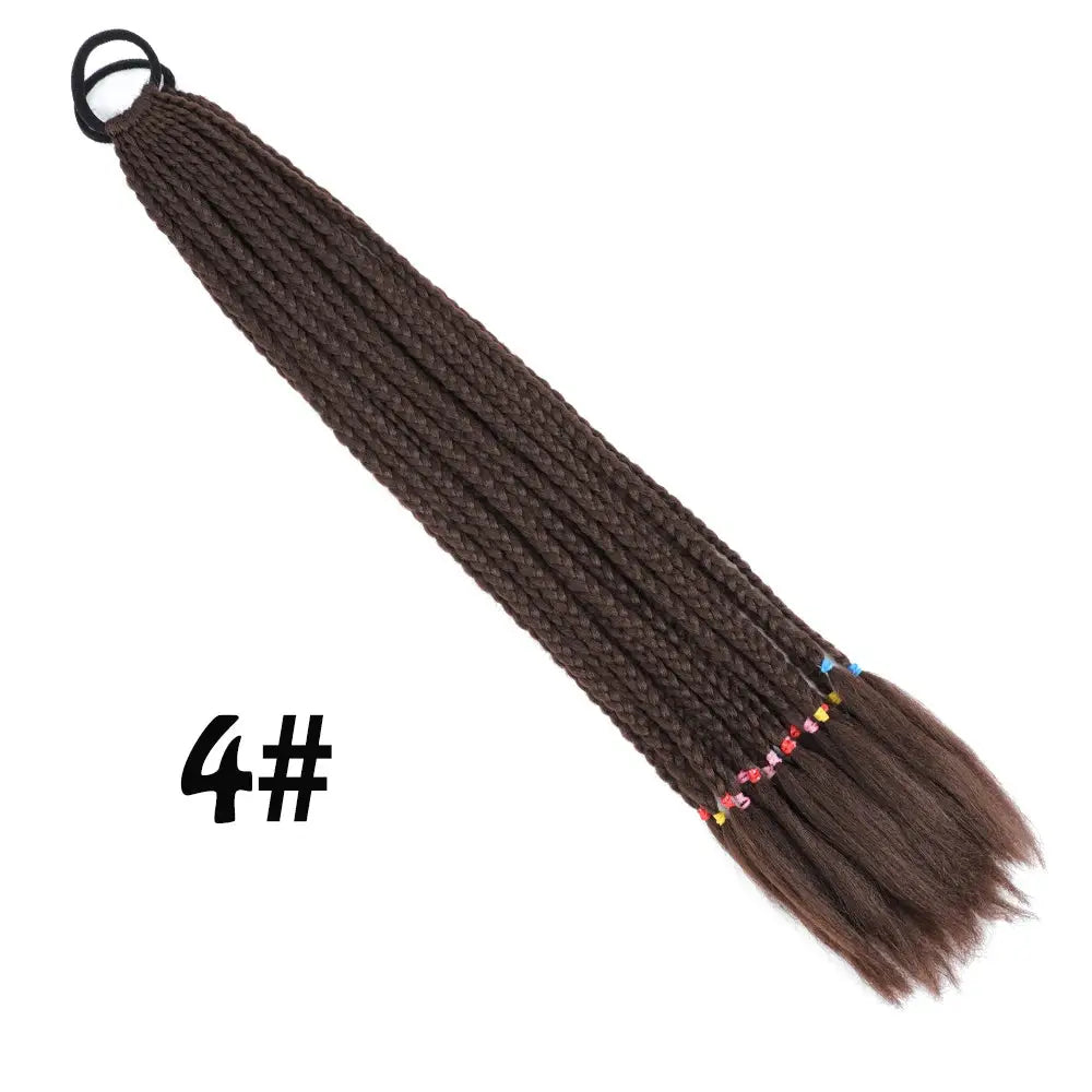 Ponytail hair extension, 24in synthetic gradient braid with elastic band and rainbow bead accents.