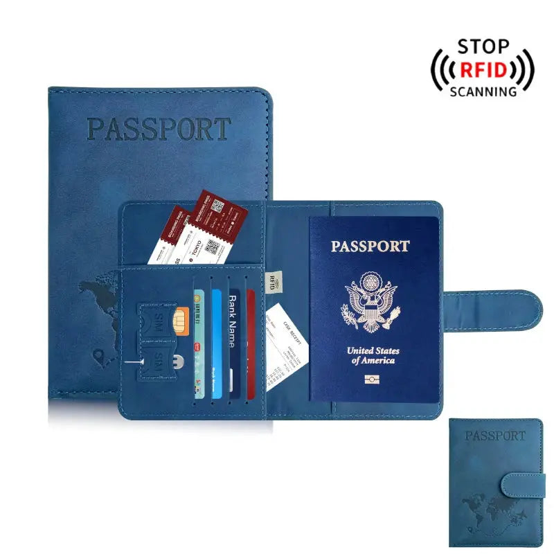 Blue passport holder wallet with RFID protection, card slots, and a US passport.
