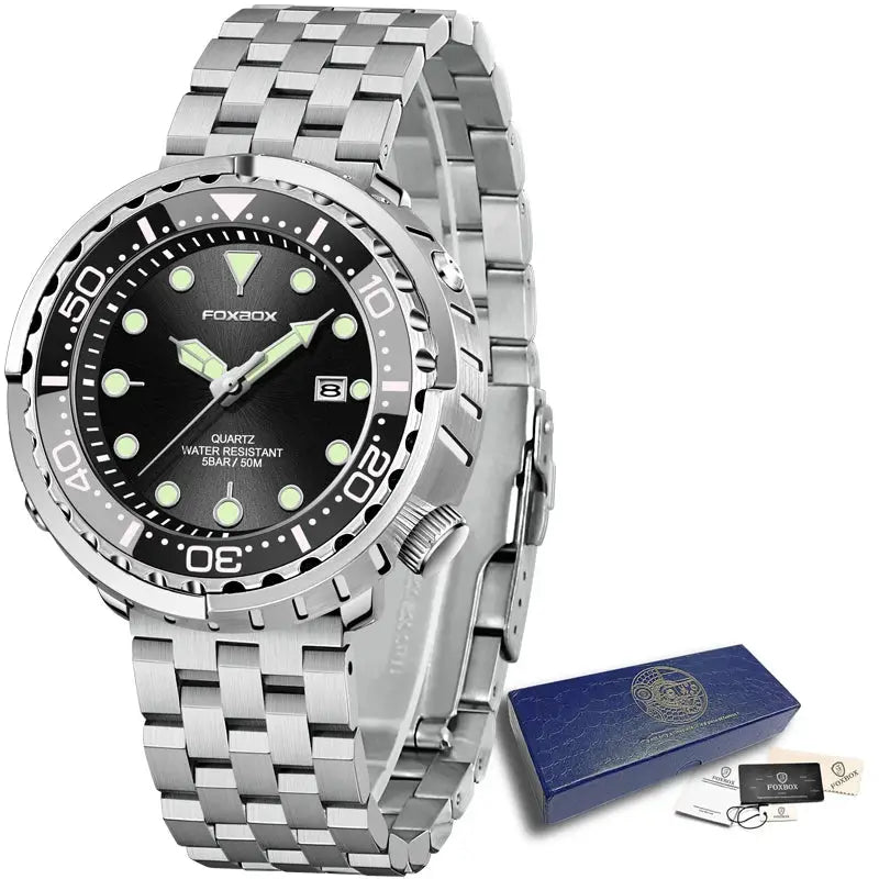 Foxbox men's diver quartz watch with stainless steel bracelet, black dial, luminous markers, date window; watch + box.