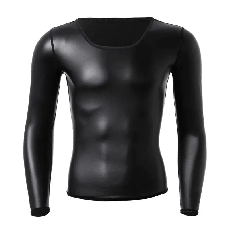 Men's black leather long-sleeve T-shirt with stand collar, slim fit.