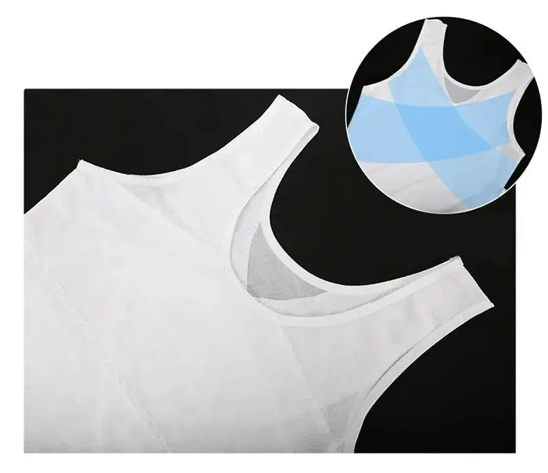 Men's white body shaper compression vest with inner mesh panel; Simples Market waist trainer top