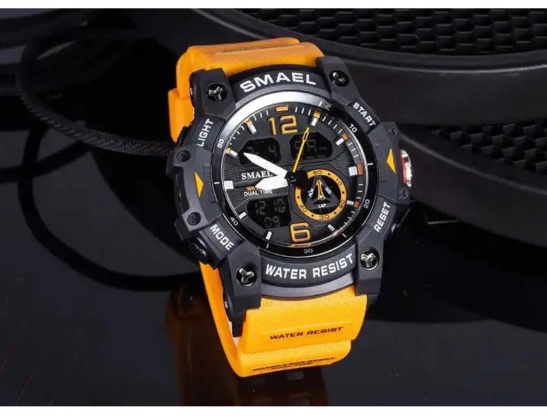 SMAEL sport watch for men with orange strap, black case, LED backlight, dual time, water resistant