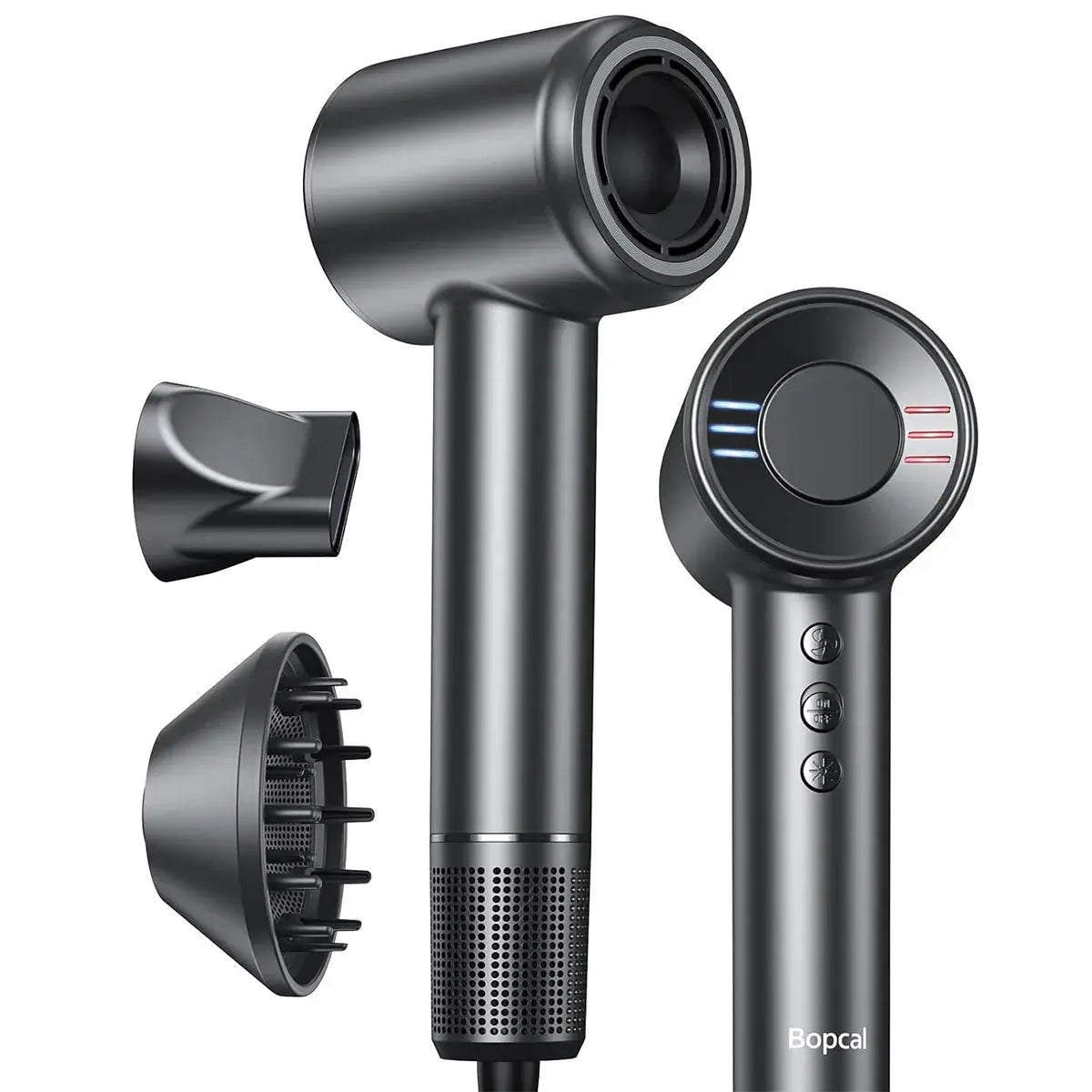 Hair dryer, metallic gray finish; brushless motor, 1600W, includes concentrator and diffuser; Bopcal
