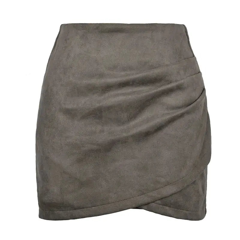 Suede mini skirt by Simples Market, taupe wrap-front with asymmetrical hem