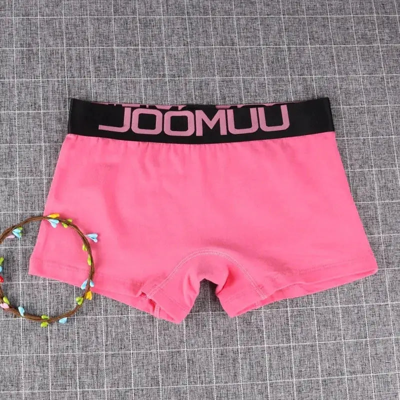 Pink cotton women's boxer briefs with a black JOOMU logo waistband