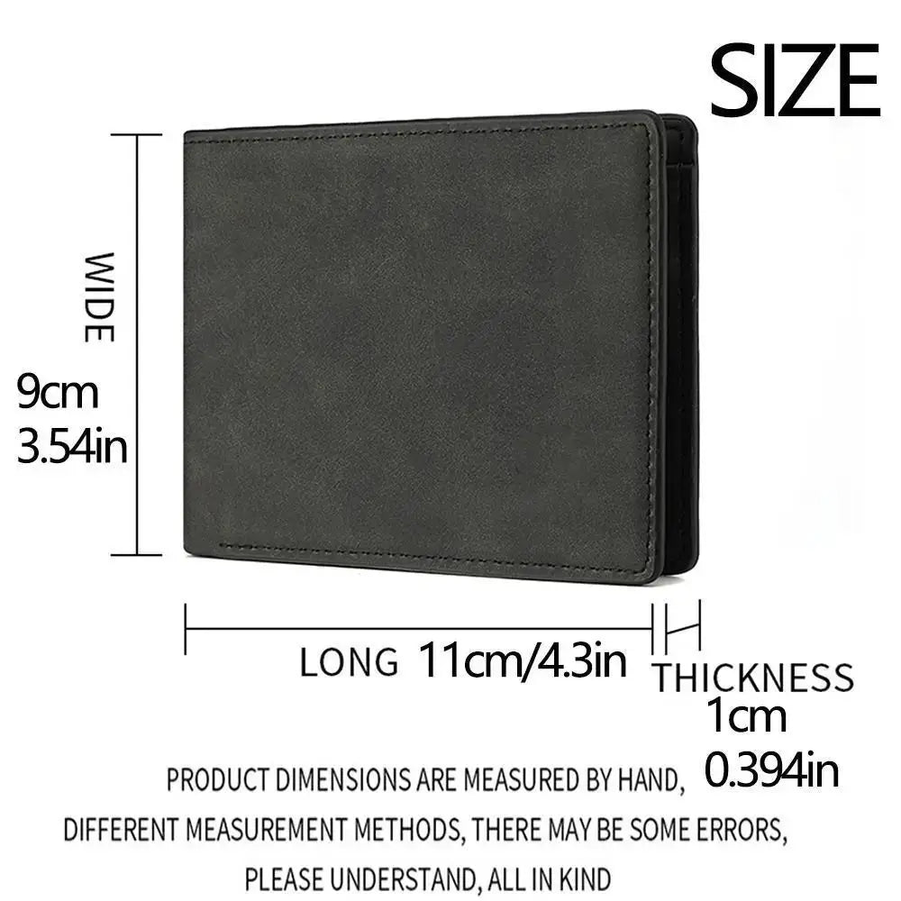 Simples Market men's PU leather wallet, folding bi-fold with multiple card slots, dark gray, compact 11x9 cm.