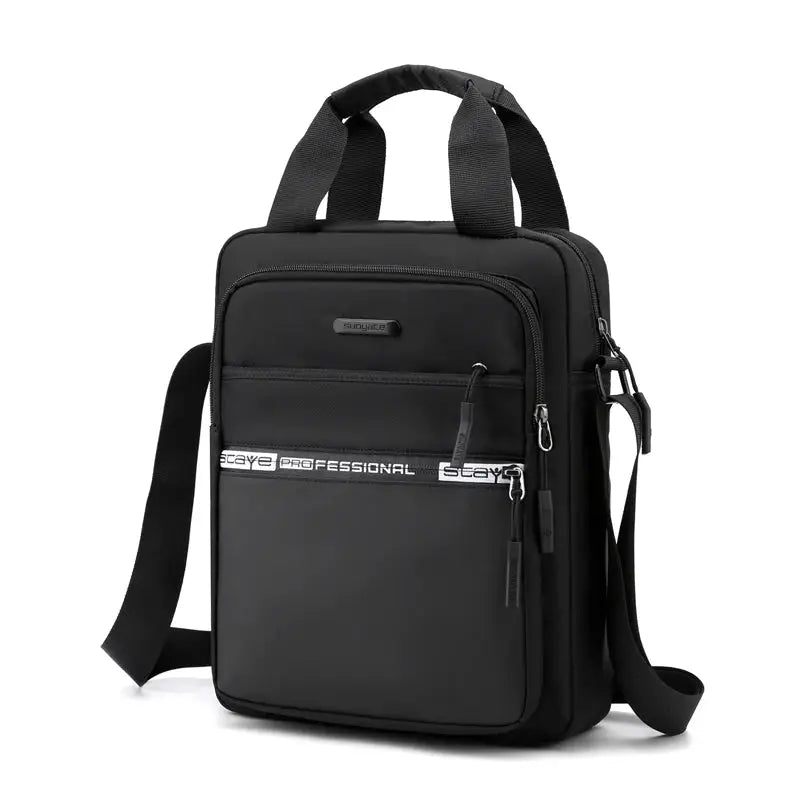 Men's black crossbody bag with adjustable shoulder strap and front zip pockets.