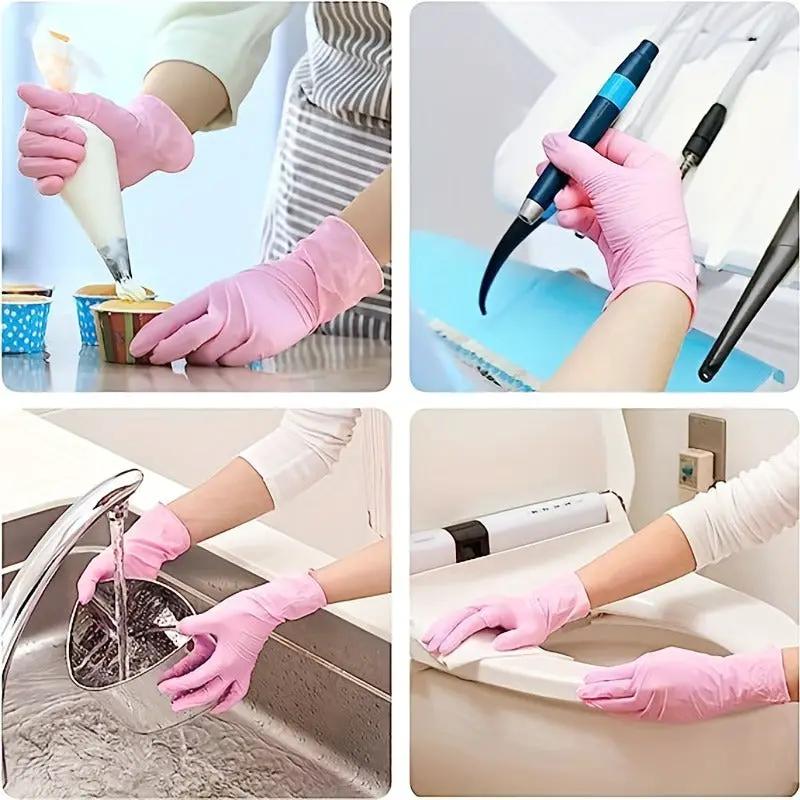 Light pink disposable nitrile gloves; waterproof, anti-static, durable; set of 4 shown for kitchen and cleaning tasks