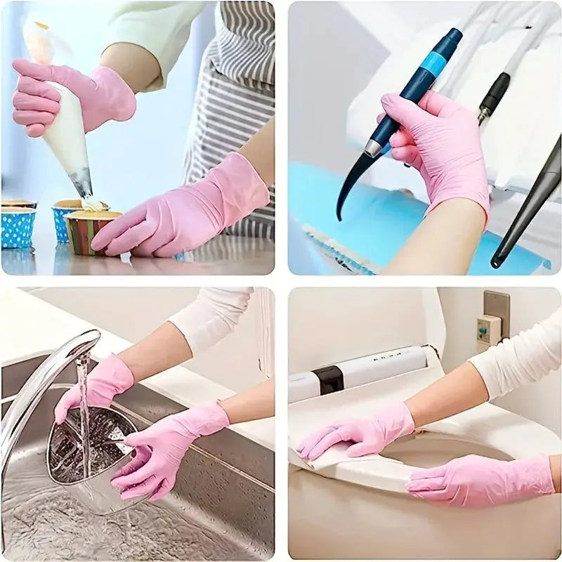 Simples Market pink disposable nitrile gloves; waterproof, anti-static for kitchen and cleaning (four-scene collage)