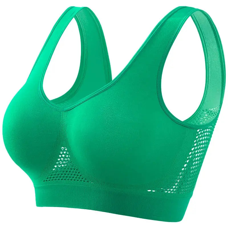 Women's plus-size green breathable mesh sports bra, seamless, ribbed band, non-wire