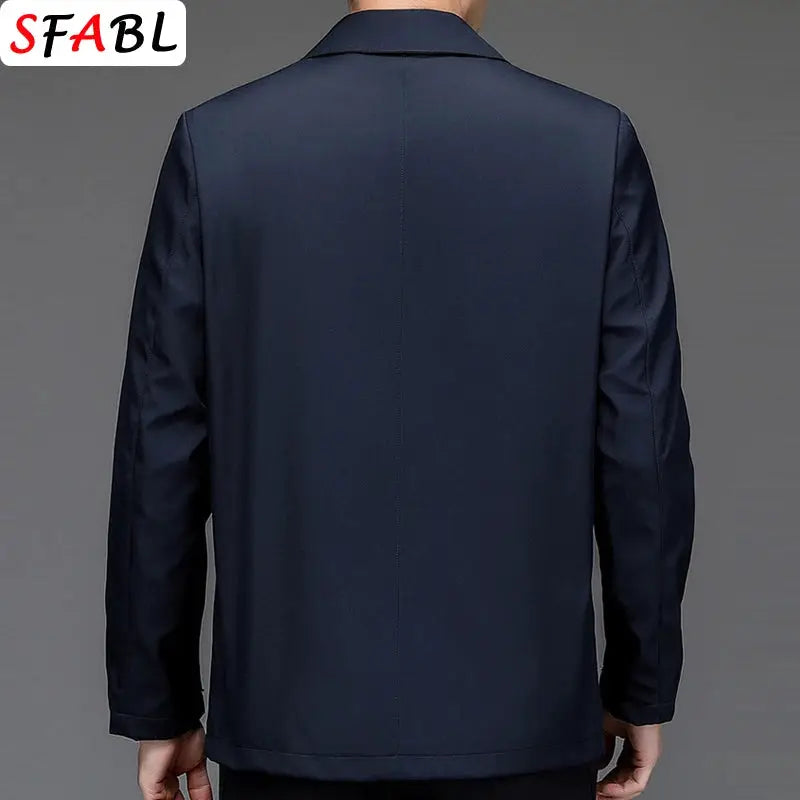 Navy blue men's blazer back view; solid color casual business jacket with SFABL logo