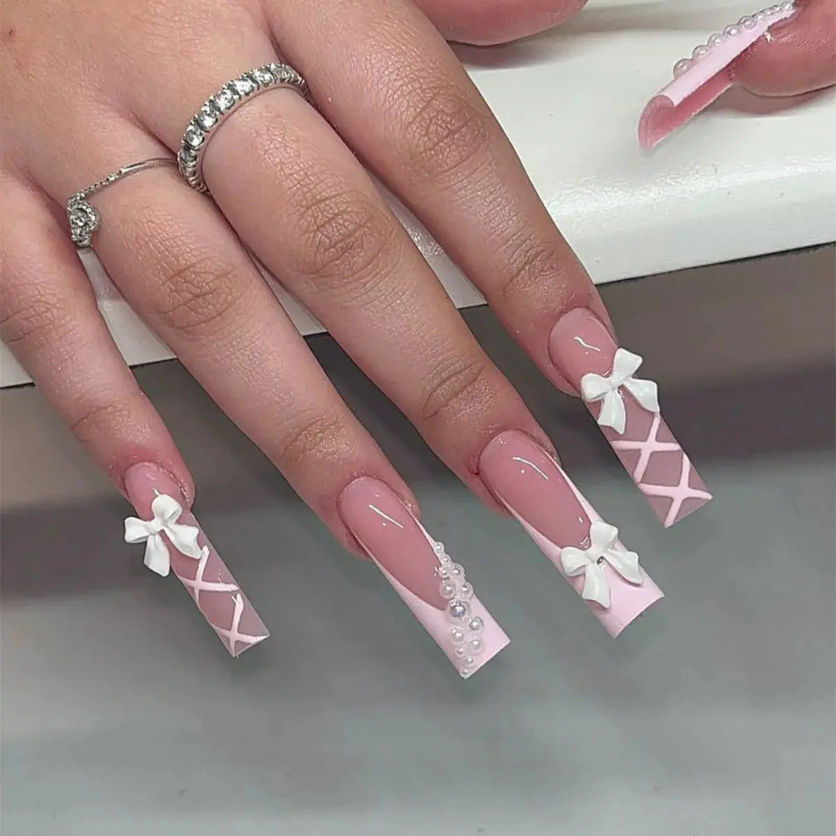 LuxeNail White French Press On Nails 3D Bowknot Full Cover Tips Durable 24Pcs DIY Manicure Set