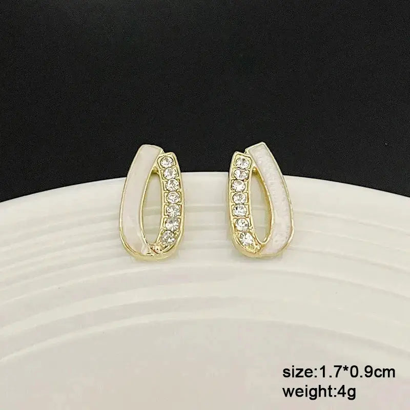 White enamel crystal hoop earrings, gold-tone metal, pair, size 1.7x0.9 cm