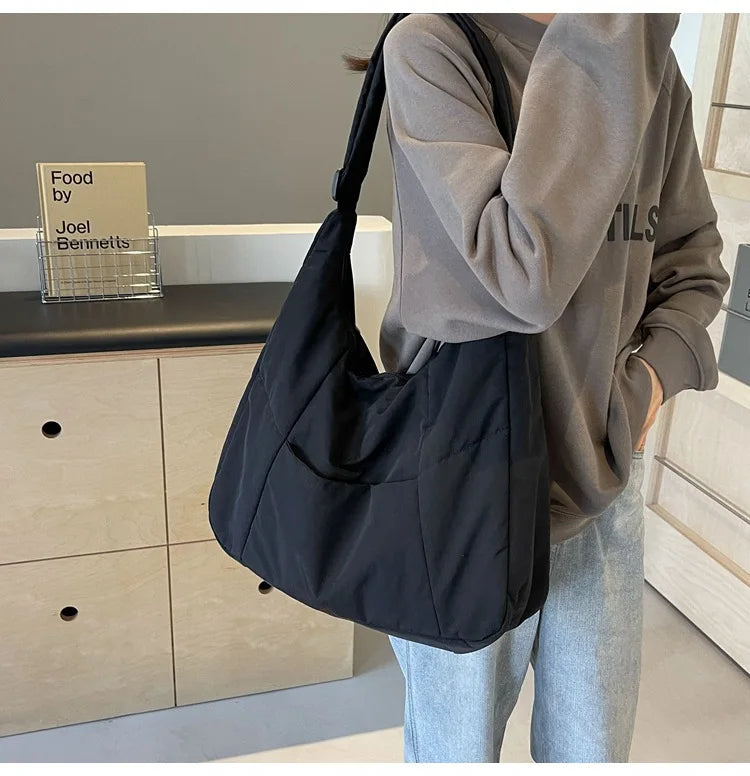 Shoulder bag for women, black solid-color soft-cloth, large crossbody tote