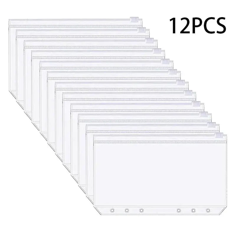 Simples Market A6 6-Hole binder zipper pouch set, clear waterproof PVC budget envelopes for planners (12 pcs)