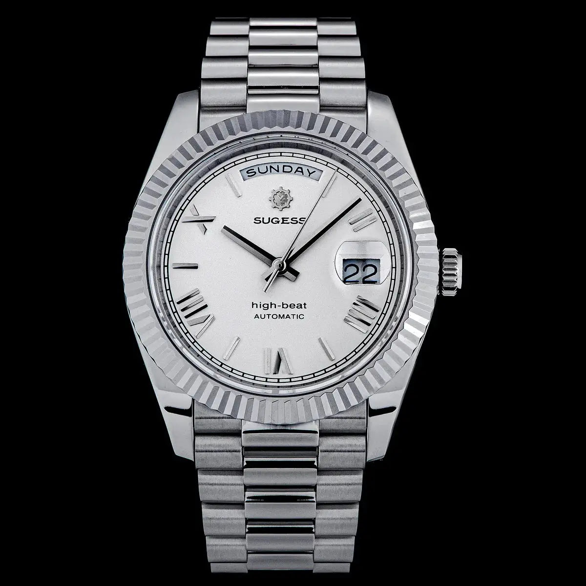 Sugess men's 40mm automatic watch with day/date, stainless steel bracelet, silver dial, fluted bezel
