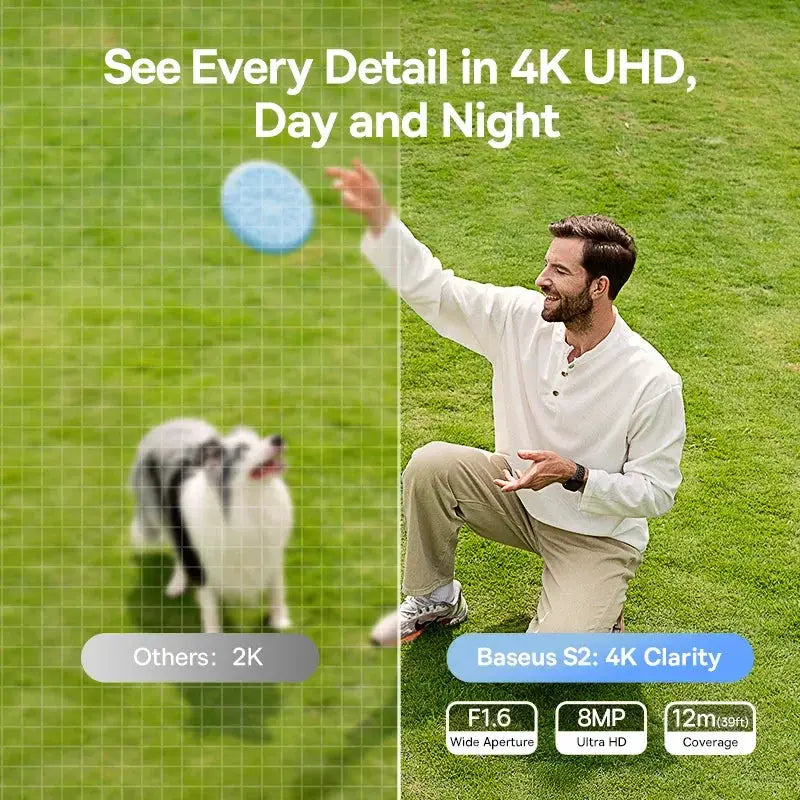 Baseus S2 outdoor security camera, 4K clarity, solar-powered, IP67 waterproof, 145° FOV with smart app control