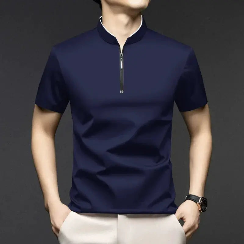 Men's navy zip polo shirt with stand-up collar, zip placket, short sleeves