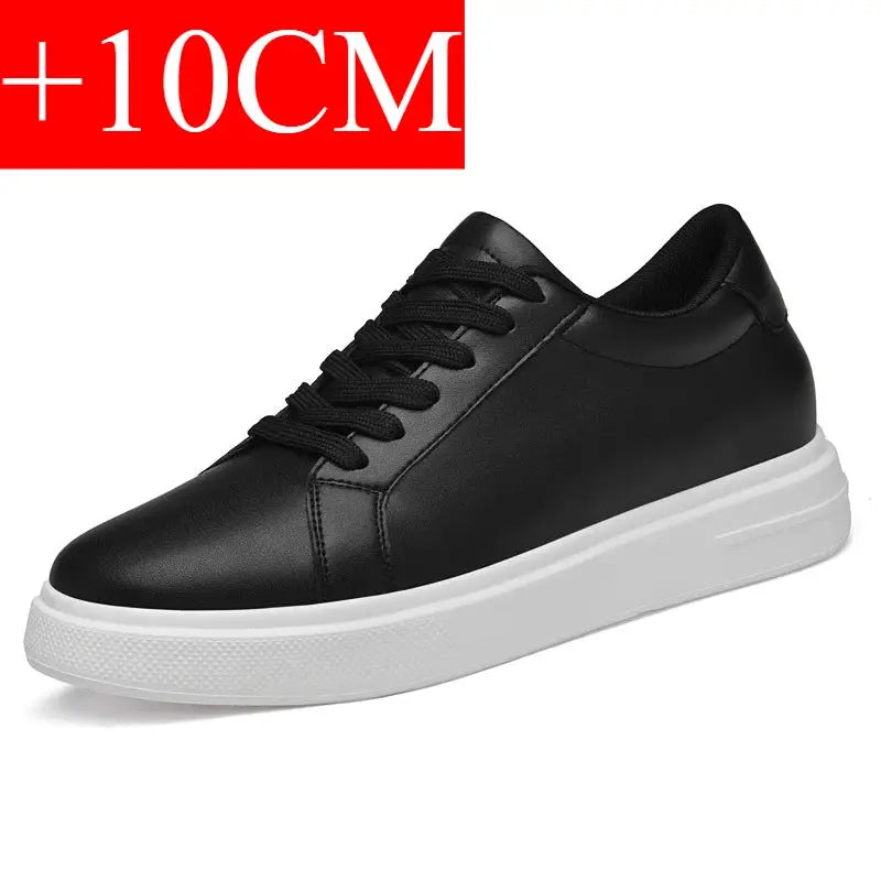 Men's black leather elevator sneakers with white platform sole and +10CM height increase