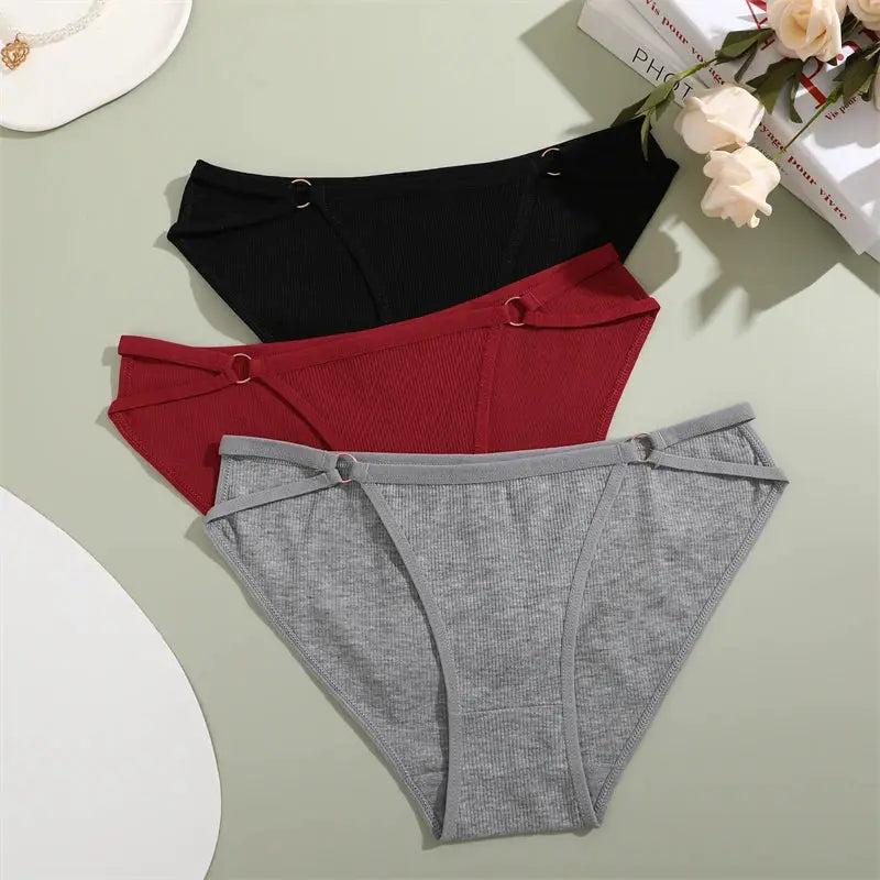 3 Pack Cotton Womens Panties Breathable Striped Briefs Comfortable Lingerie Underwear Set