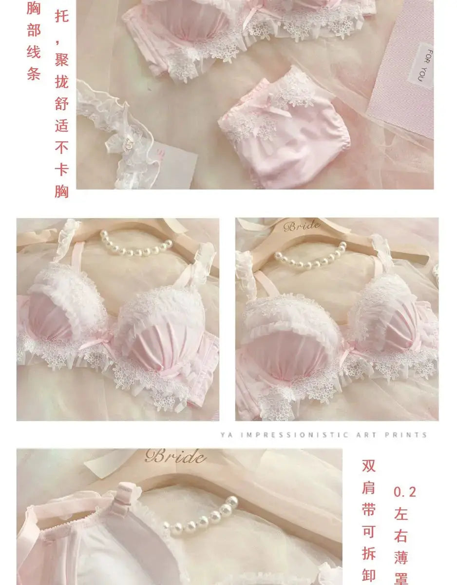 MOYISU pink lace Lolita bra set G cup; two-piece lingerie with ruffled trims and delicate lace detailing