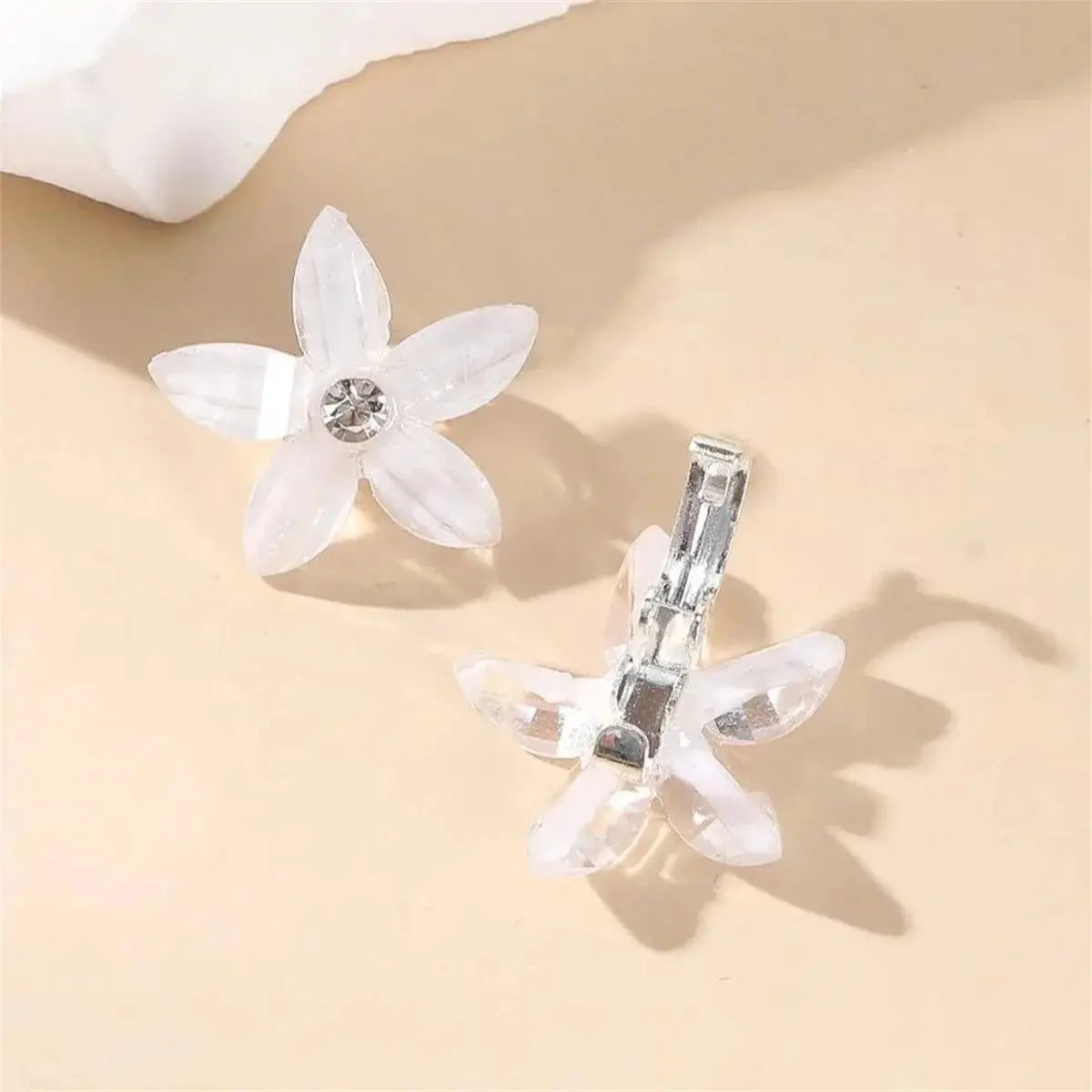 Clear flower hair clips with rhinestone centers; two clips shown
