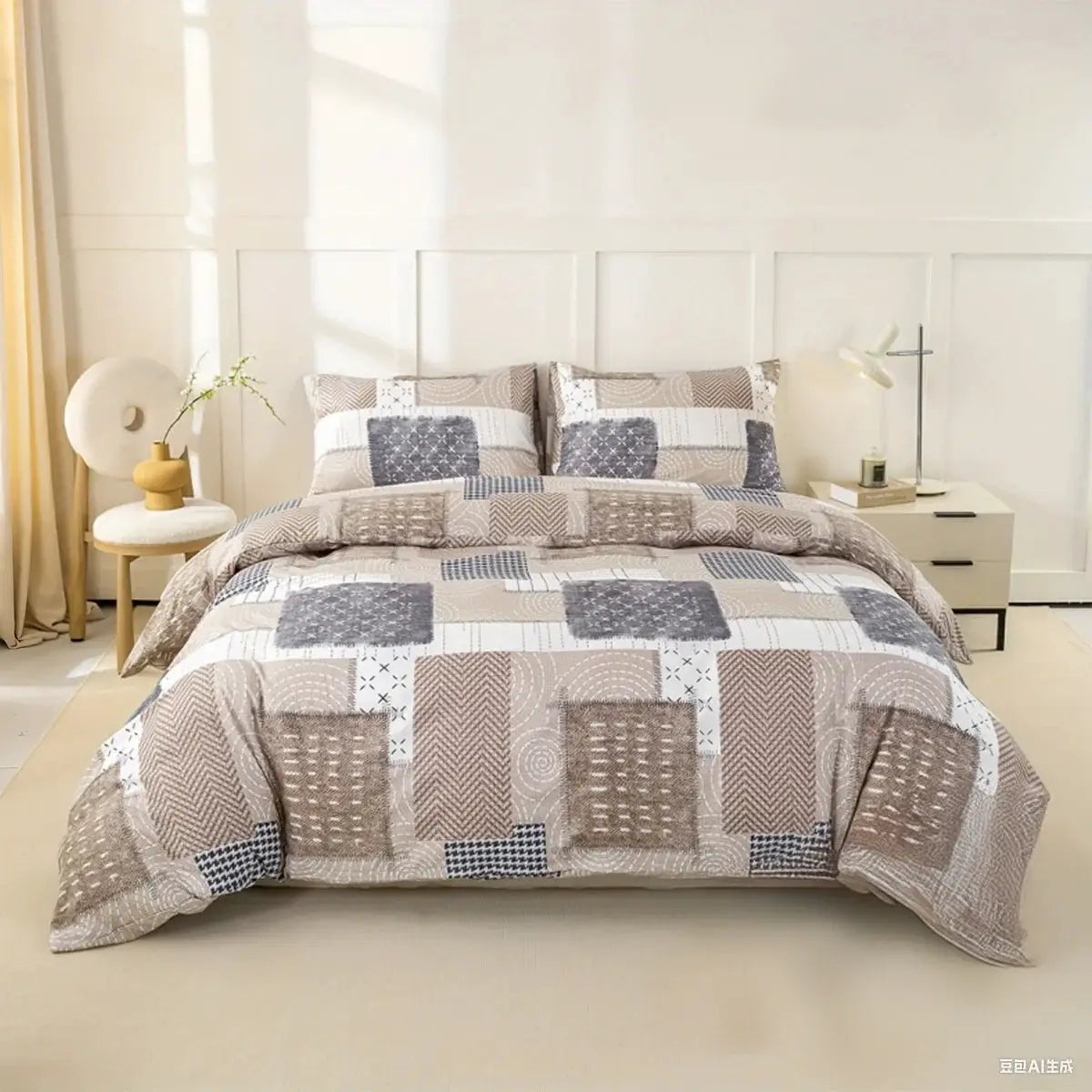 3pc patchwork duvet cover set in beige, gray and white; includes 1 duvet cover and 2 pillowcases