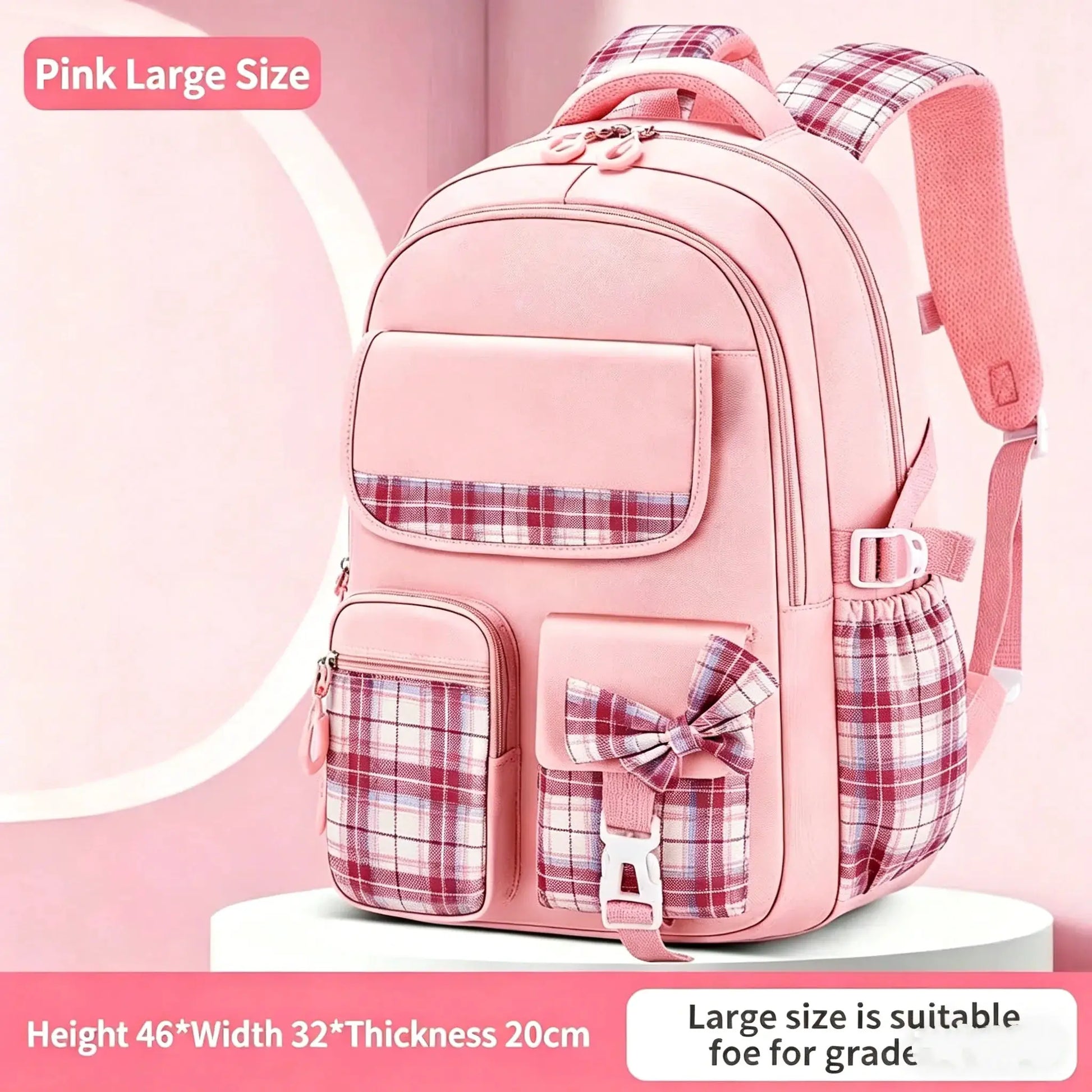 Backpack for kids, pink with plaid checkered pockets, large-capacity lightweight design
