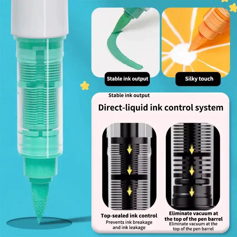 9-color acrylic paint art marker pen set with turquoise soft brush tip and direct-liquid ink control system