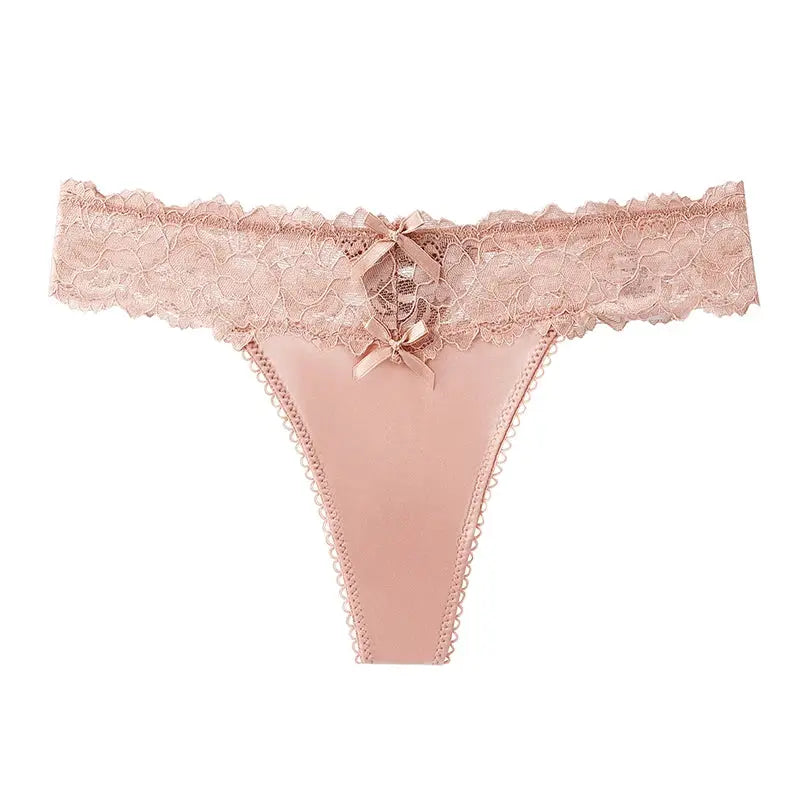 BANNIROU pink lace thong for women; soft fabric with bow embellishment
