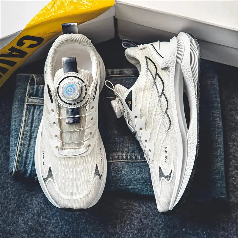 Pair of Simples Market white breathable mesh running shoes with blue accents and rotating dial lace system