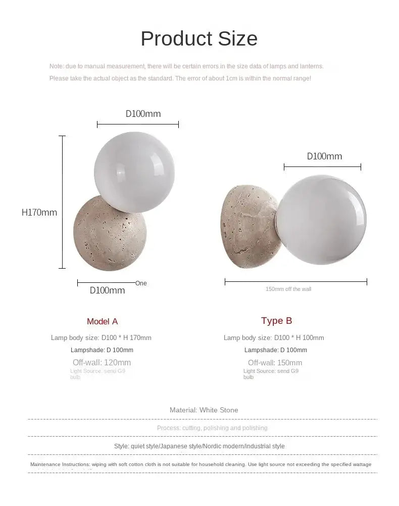 Simples Market cream round LED wall lamp with cave stone base, shown in two variants: Model A and Type B.