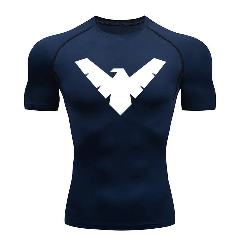 Men's navy blue short-sleeve compression shirt with white logo, quick-dry gym top by Simples Market