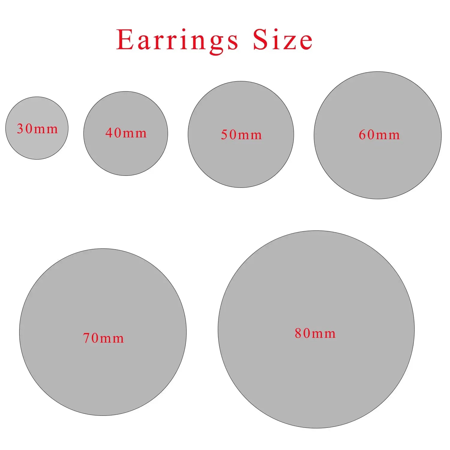 Qitian XOXO hoop name earrings size guide with gray circles labeled 30mm to 80mm.